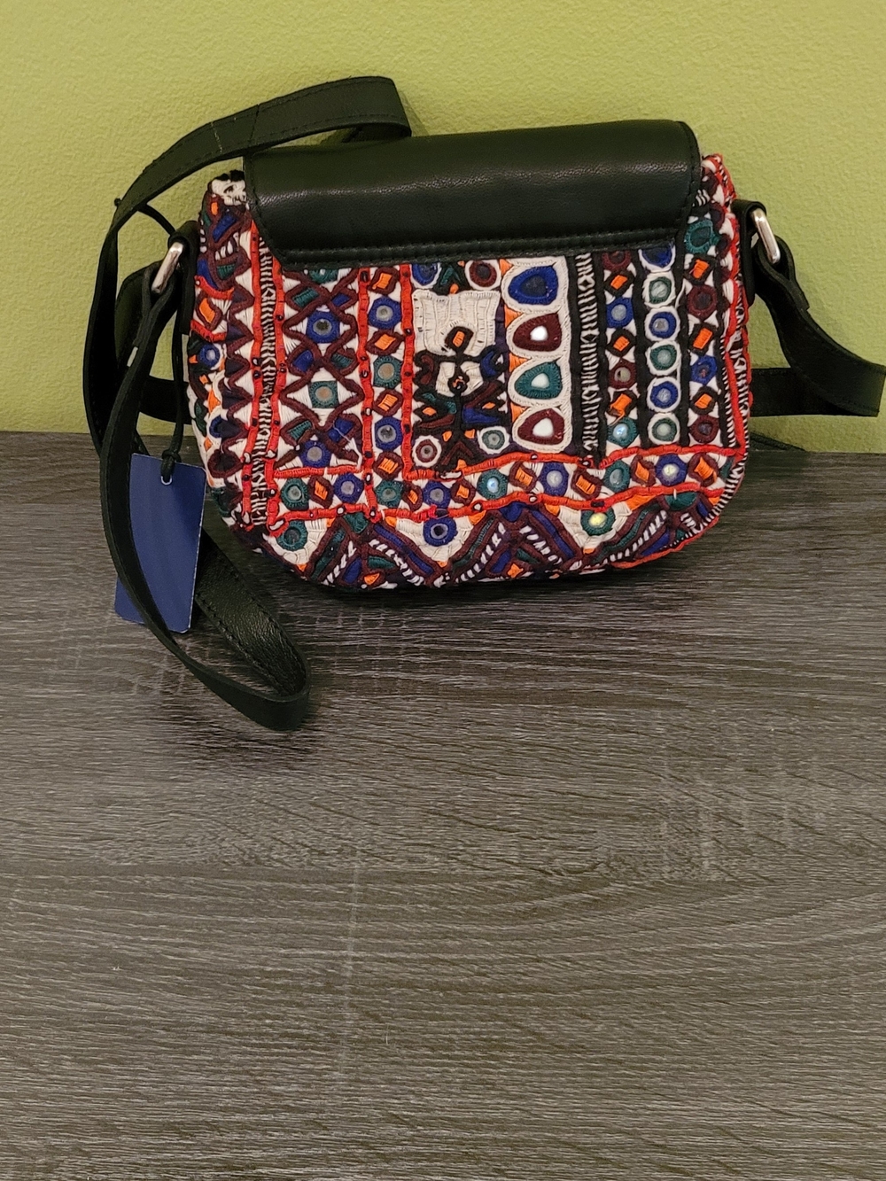 Embroidered Multi-Color Crossbody Bag with Dark Green Flap